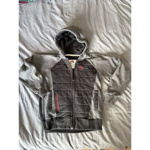 KTM gray and black zip-up hoodie features a quilted front panel, the "Ready to R